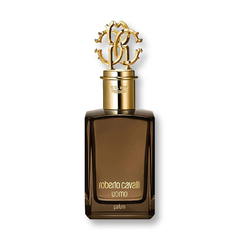 A bottle of Roberto Cavalli Uomo eau de parfum with a distinctive design, featuring a dark tint and a golden cap with an ornate logo.