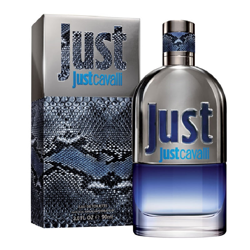 Roberto Cavalli Just Cavalli Him 90ml Eau de Toilette bottle and presentation box on a white background.