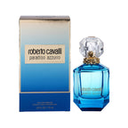 A product image featuring the Paradiso Azzurro eau de parfum by Roberto Cavalli, with a blue bottle and a clear cap, alongside its packaging box.