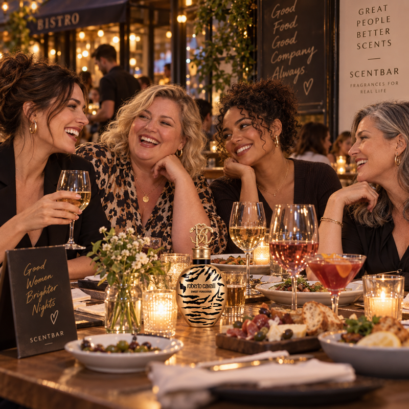 Four women laughing and dining together at a candlelit restaurant table, with Scentbar bottles and signage visible in the scene.