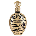 Roberto Cavalli Sweet Ferocious perfume bottle in metallic gold with black tiger-stripe pattern, featuring the brand's interlocking R logo cap on a white background.