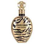 Roberto Cavalli Sweet Ferocious perfume bottle in metallic gold with black tiger-stripe pattern, featuring the brand's interlocking R logo cap on a white background.