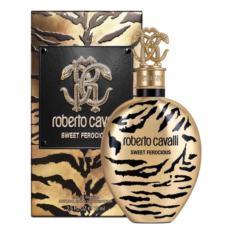 Roberto Cavalli Sweet Ferocious Eau de Parfum bottle and its matching packaging box, both featuring a gold and black tiger-stripe pattern.