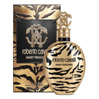 Roberto Cavalli Sweet Ferocious Eau de Parfum bottle and its matching packaging box, both featuring a gold and black tiger-stripe pattern.