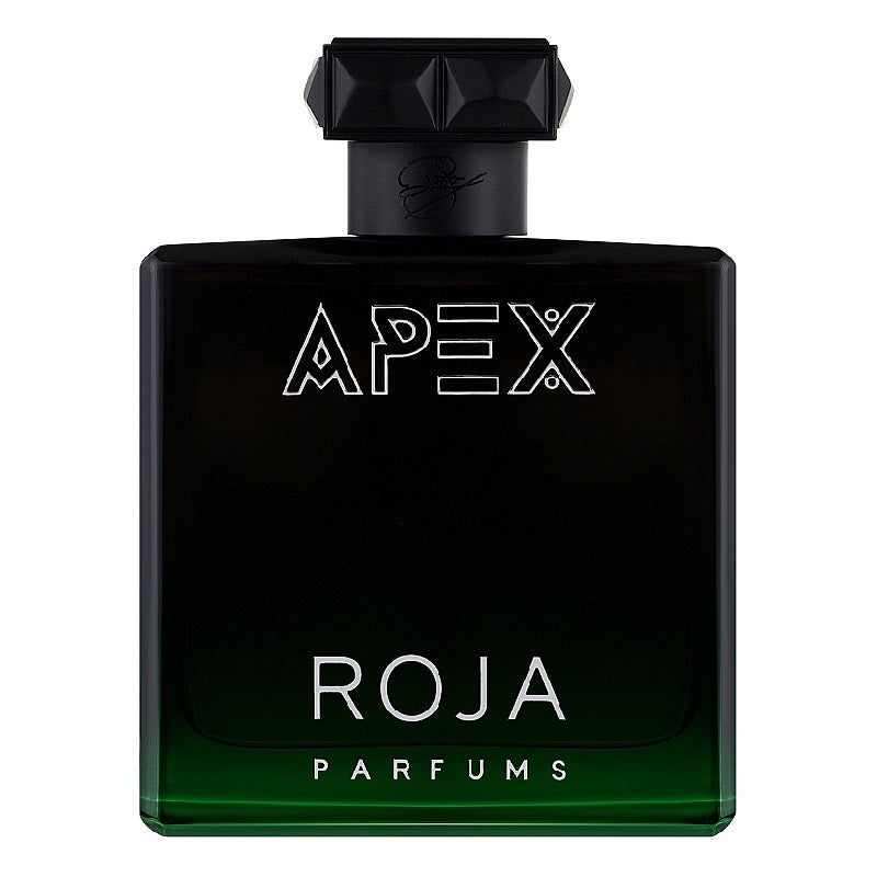 Black perfume bottle labeled 'Apex' by Roja Parfums on a white background