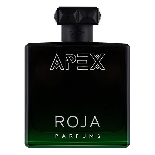 Black perfume bottle labeled 'Apex' by Roja Parfums on a white background