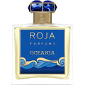 A bottle of Oceana Eau de Parfum by Roja Dove with a blue label and decorative elements, including a golden cap with blue stones.