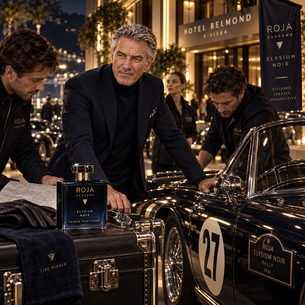 A luxury fragrance scene featuring a man in a dark suit standing beside a black vintage race car at night, with two staff members around him. A blue ROJA ELYSIUM NOIR perfume bottle is displayed on a black suitcase in the foreground, with ROJA banners and Hotel Belmond Riviera signage visible in the background.