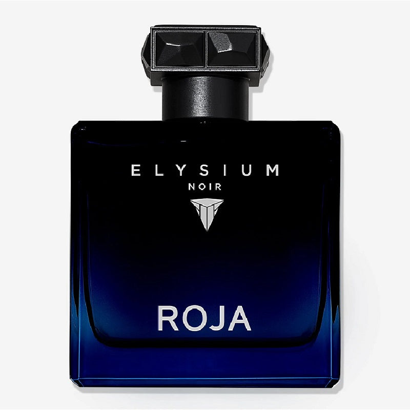 A bottle of Elysium Noir Roja fragrance, featuring a dark blue to black gradient glass bottle with a black cap, set against a light gray background.