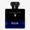 A bottle of Elysium Noir Roja fragrance, featuring a dark blue to black gradient glass bottle with a black cap, set against a light gray background.