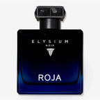 A bottle of Elysium Noir Roja fragrance, featuring a dark blue to black gradient glass bottle with a black cap, set against a light gray background.