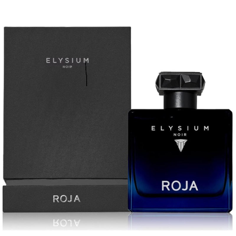 Elysium Noir Roja fragrance bottle in a deep blue gradient glass with a black cap, shown next to its matte black packaging box on a white background.