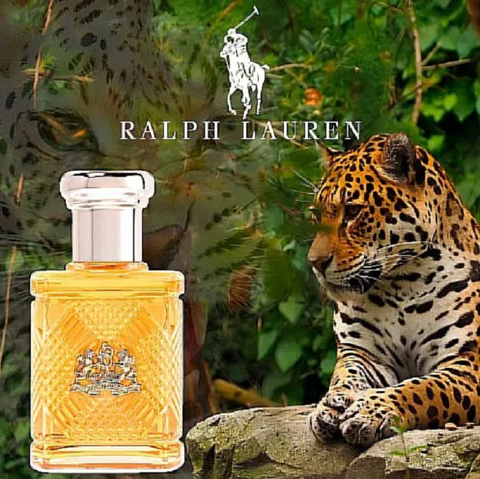 Ralph Lauren perfume bottle with a leopard in a natural setting