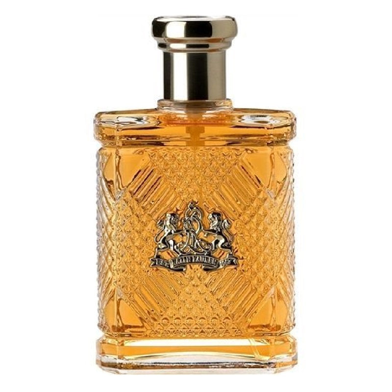 A glass bottle of Safari for Men Eau de Toilette by Ralph Lauren with a textured design and a metallic cap.