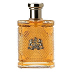 A glass bottle of Safari for Men Eau de Toilette by Ralph Lauren with a textured design and a metallic cap.