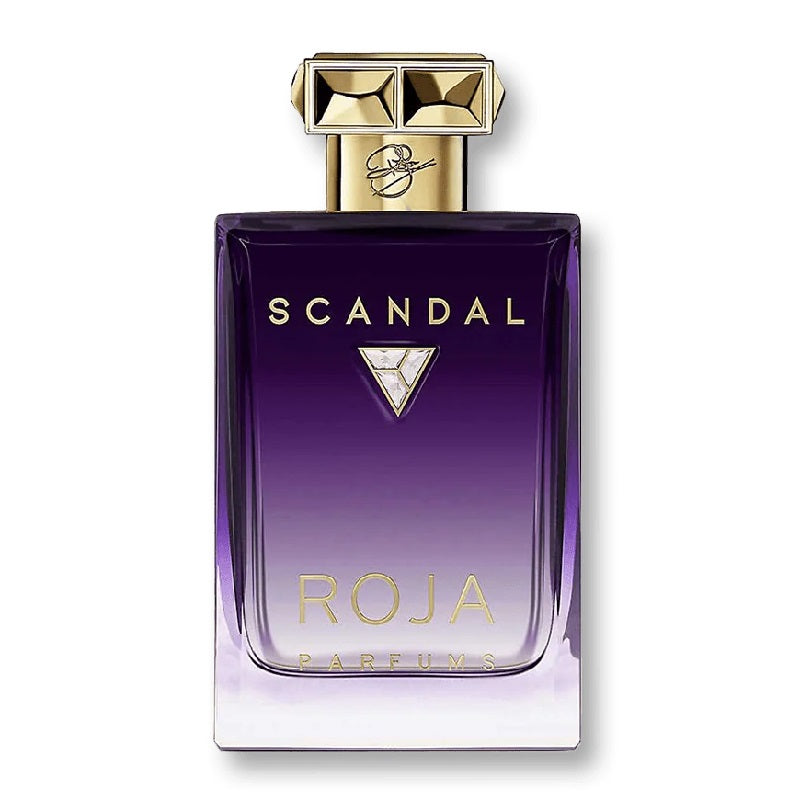 Perfume bottle with gold cap and 'Scandal' branding on a white background
