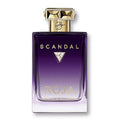 Perfume bottle with gold cap and 'Scandal' branding on a white background