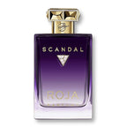 Perfume bottle with gold cap and 'Scandal' branding on a white background