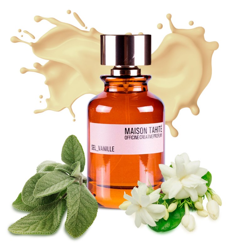Perfume bottle with vanilla flowers and leaves on a white background