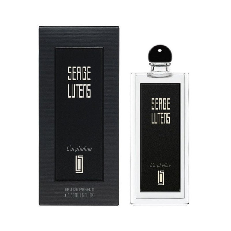 Box and Bottle Image, L’Orpheline 50 ml Eau de Parfum by Serge Lutens – elegant black box and bottle pairing symbolising introspection and refined minimalism.