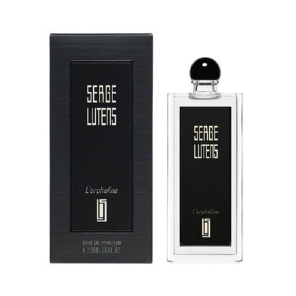 Box and Bottle Image, L’Orpheline 50 ml Eau de Parfum by Serge Lutens – elegant black box and bottle pairing symbolising introspection and refined minimalism.