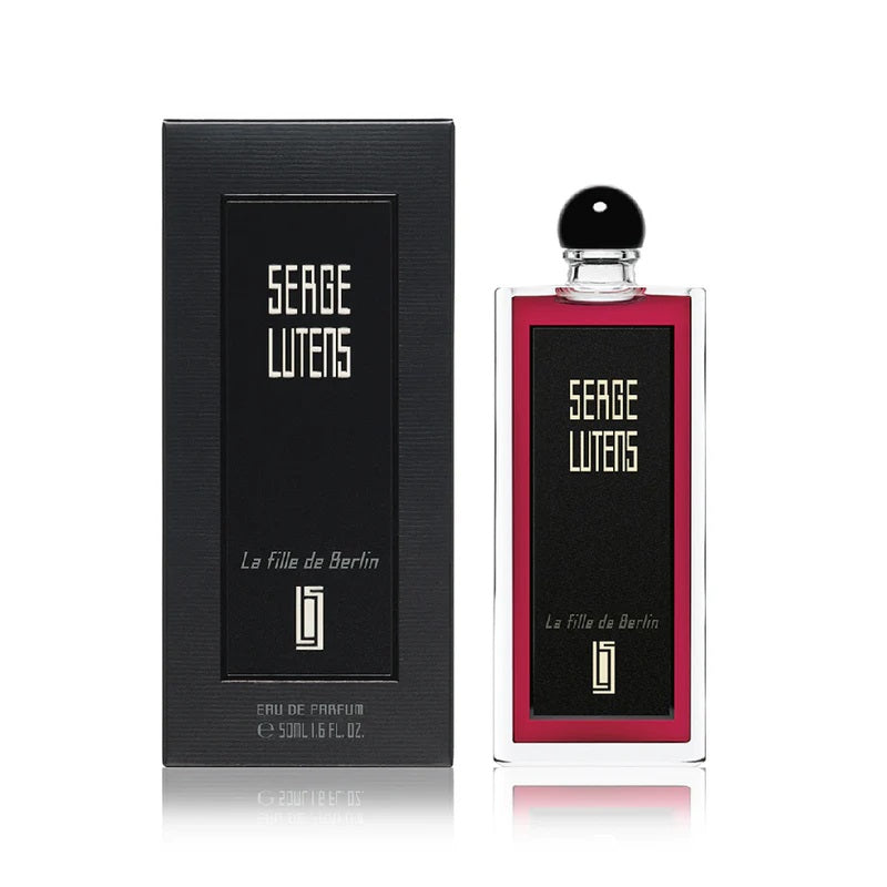 Box and Bottle Image Alt, La Fille de Berlin 50 ml Eau de Parfum by Serge Lutens – minimalist black box and crimson bottle pairing expressing passion and refined artistry.