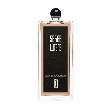 Bottle Image Alt Text: Nuit De Cellophane 50 ml Eau de Parfum bottle by Serge Lutens – sleek rectangular flacon reflecting minimalism, luminosity, and refined sensuality.