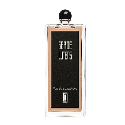 Bottle Image Alt Text: Nuit De Cellophane 50 ml Eau de Parfum bottle by Serge Lutens – sleek rectangular flacon reflecting minimalism, luminosity, and refined sensuality.