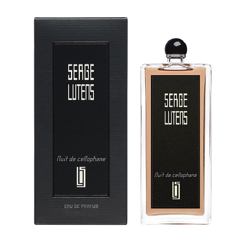 Box and Bottle Image Alt Text: Nuit De Cellophane 50 ml Eau de Parfum by Serge Lutens – elegant black box and bottle pairing embodying contemporary French sophistication.