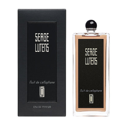 Box and Bottle Image Alt Text: Nuit De Cellophane 50 ml Eau de Parfum by Serge Lutens – elegant black box and bottle pairing embodying contemporary French sophistication.