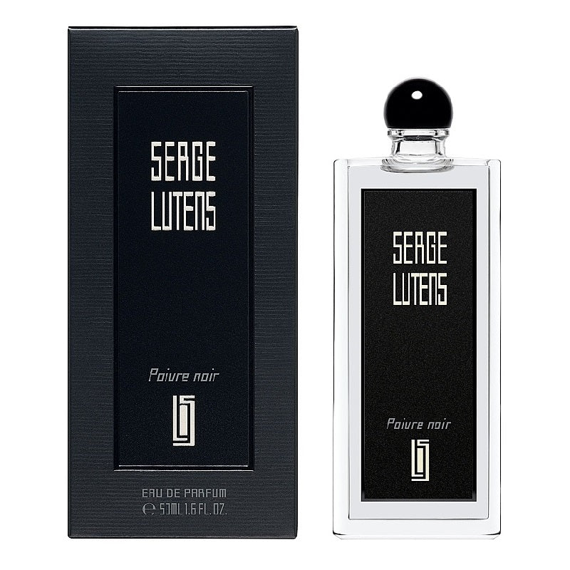  Box and Bottle Image, Poivre Noir 50 ml Eau de Parfum by Serge Lutens – minimalist black box and bottle pairing symbolising sophistication and modern power.