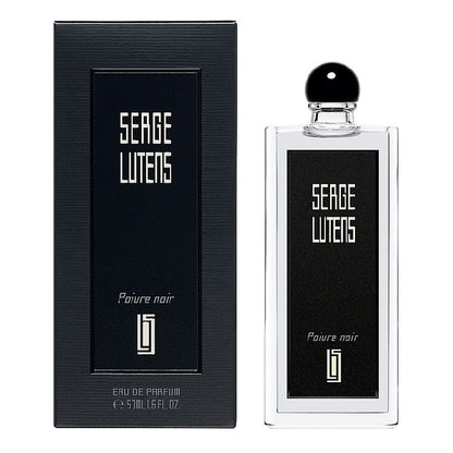  Box and Bottle Image, Poivre Noir 50 ml Eau de Parfum by Serge Lutens – minimalist black box and bottle pairing symbolising sophistication and modern power.