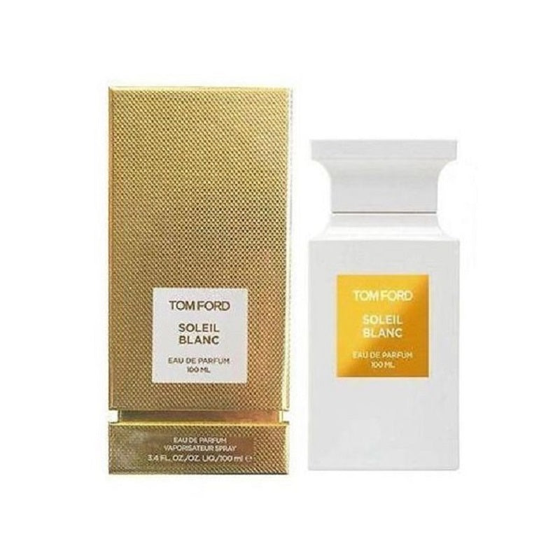 Tom Ford Soleil Blanc perfume bottle and packaging on a white background