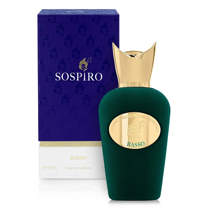 Green perfume bottle with gold accents and 'Sospiro' packaging on a white background