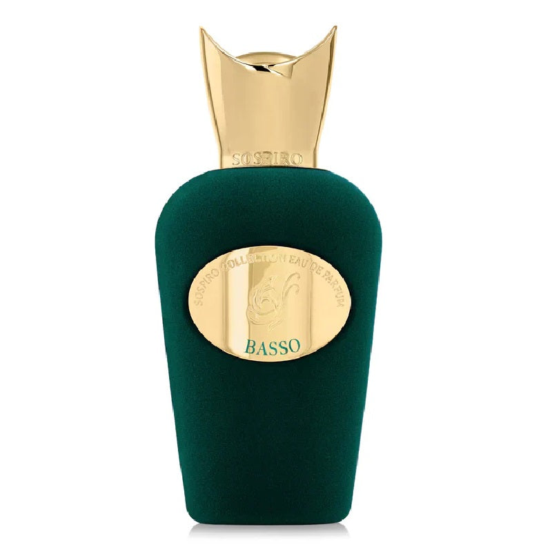 Green bottle of Sospiro Basso sitting on a white background
