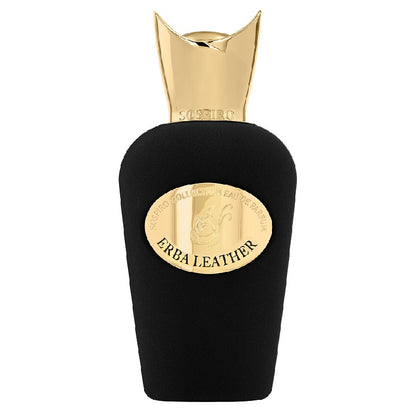 Black and gold perfume bottle with 'Erba Leather' label on a white background