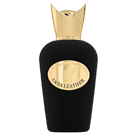 Black and gold perfume bottle with 'Erba Leather' label on a white background