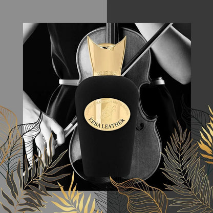 Black and gold perfume bottle with 'Erba Leather' label on a decorative background