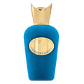 Blue perfume bottle with gold cap on a white background