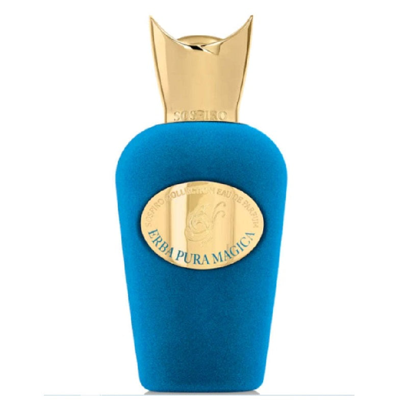 Blue perfume bottle with gold cap and label on a white background
