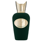 Green perfume bottle with gold cap and label on a white background