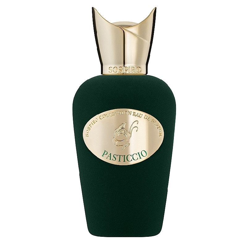 Green perfume bottle with gold cap and label on a white background