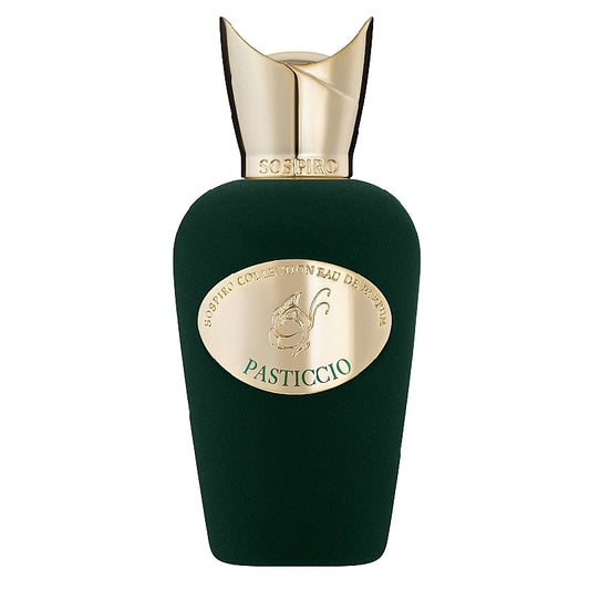 Green perfume bottle with gold cap and label on a white background