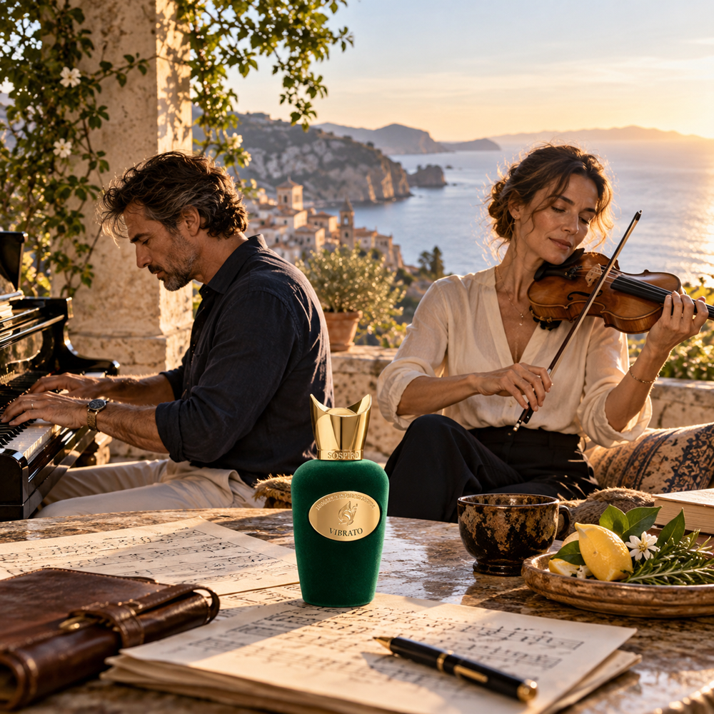 Sospiro Vibrato bottle on a table with sheet music as a man plays piano and a woman plays violin on a Mediterranean terrace at sunset