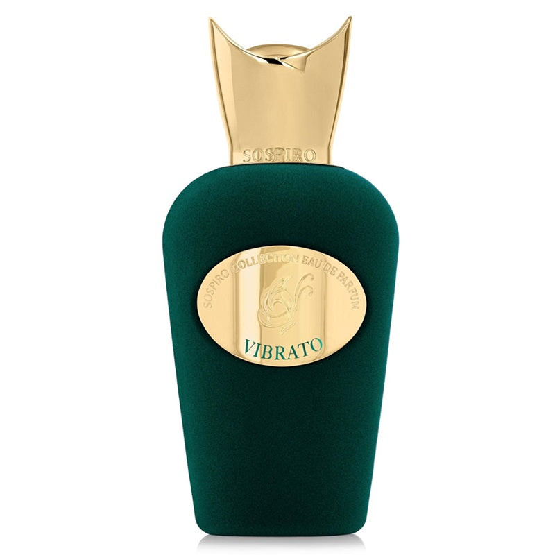 Sospiro Vibrato 100ml Eau de Parfum emerald green velvet bottle with gold crown cap and gold Vibrato medallion on a clean white background