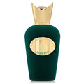 Sospiro Vibrato 100ml Eau de Parfum emerald green velvet bottle with gold crown cap and gold Vibrato medallion on a clean white background