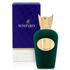 Sospiro Vibrato 100ml Eau de Parfum bottle beside its blue Sospiro presentation box with gold crown cap and Vibrato medallion on a clean white background