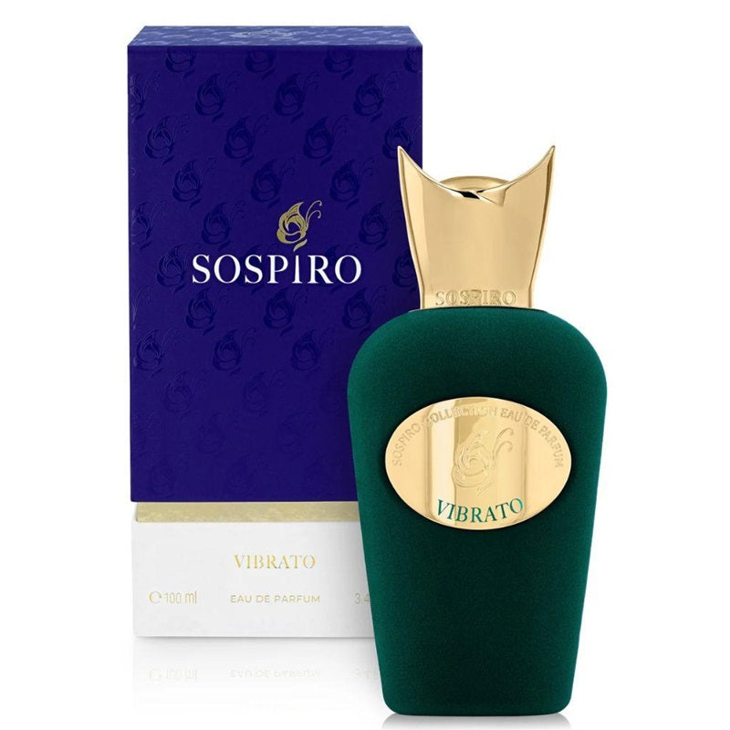 Sospiro Vibrato 100ml Eau de Parfum bottle beside its blue Sospiro presentation box with gold crown cap and Vibrato medallion on a clean white background