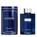The image shows two bottles of Alcazar Eau de Toilette by Ted Lapidus. One is the spray bottle with a blue label and the other is the blue glass bottle with a silver cap.