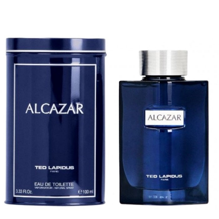 The image shows two bottles of Alcazar Eau de Toilette by Ted Lapidus. One is the spray bottle with a blue label and the other is the blue glass bottle with a silver cap.